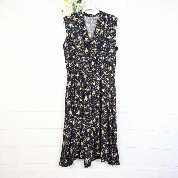 Vintage Dresses & Skirts - SOLD!!! Women's 90s Navy Floral Sleeveless Dress w/Pockets